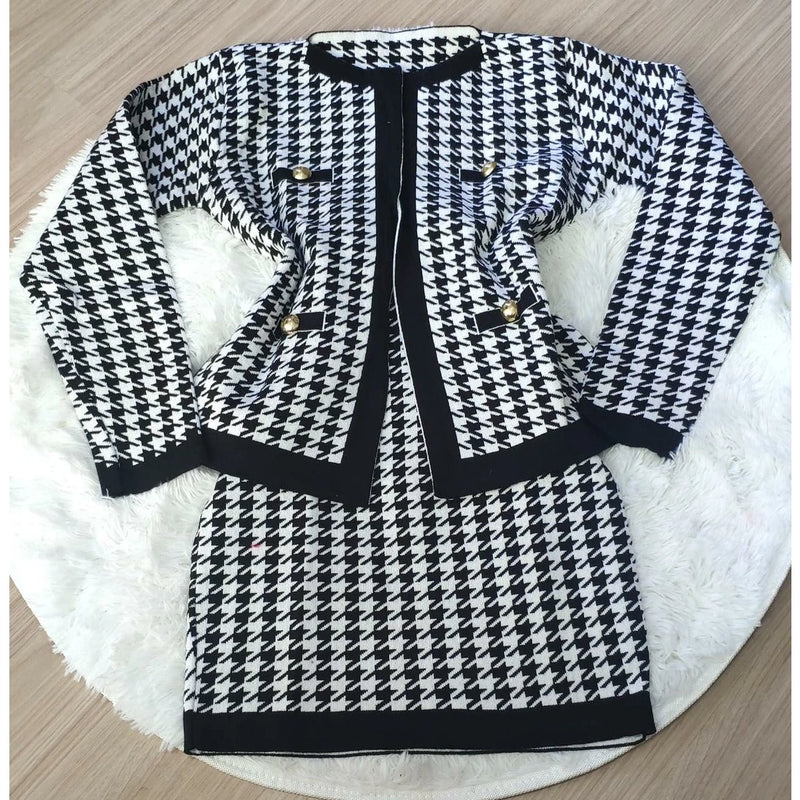 Conjunto Pied Poule tricot , saia e casaco blazer - Bella moda feminina